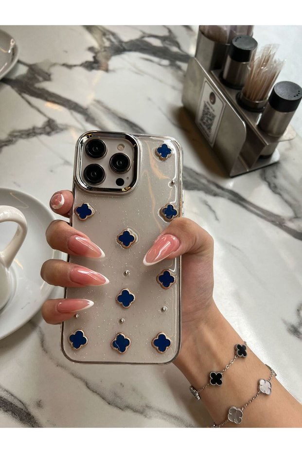 5 Colors Clover Stone Glittery Transparent iPhone 15 Pro Compatible Phone Case Luxury Clover Design