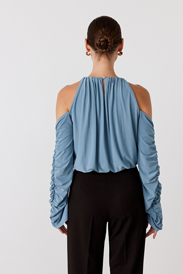 Omuz Dekolteli Bluz Mavi - 6