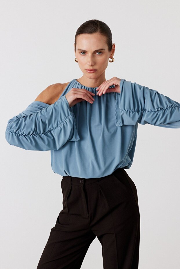 Omuz Dekolteli Bluz Mavi - 3