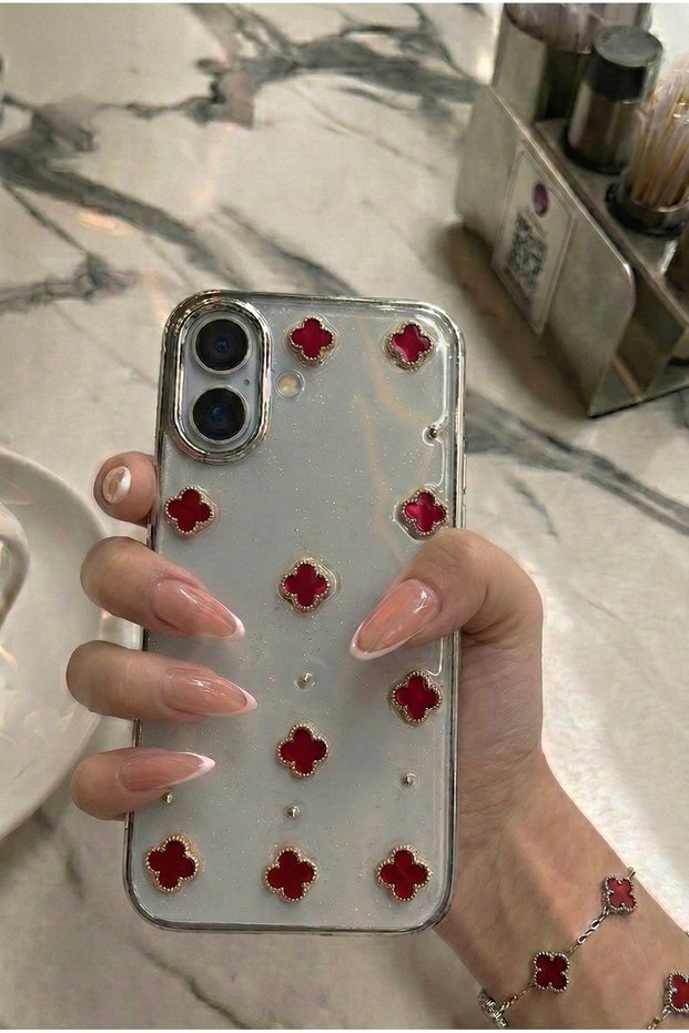 5 Colors Clover Stone Glittery Transparent Phone Case Compatible with iPhone 17 Luxury Clover Design