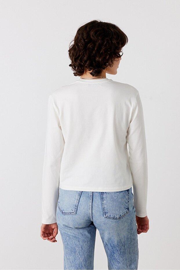Uzun Kol Basic Tişört Off White - 4