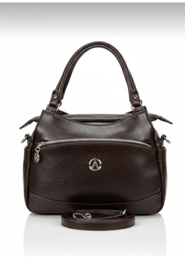 Women's Brown Soft Leather Multi-Compartment Handbag and Shoulder Bag
