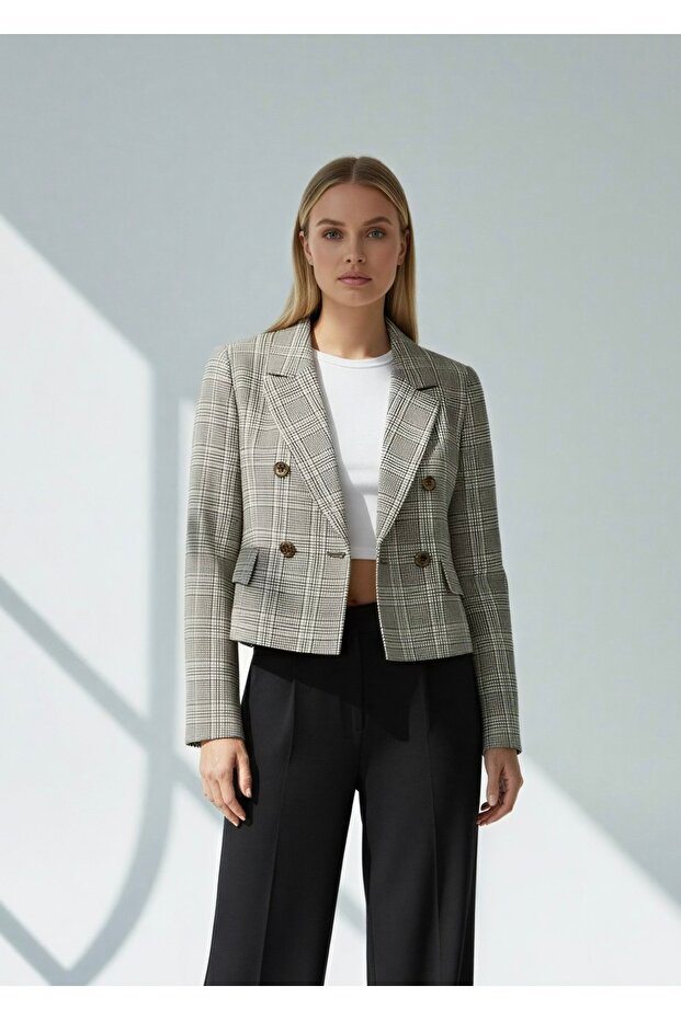Women's Cropped Blazer Jacket – Plaid -Double Breasted Modern Fit