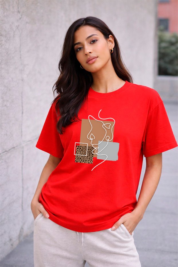 Women's Printed Detail Oversize Bol Cut T-Shirt with Cycling Neck