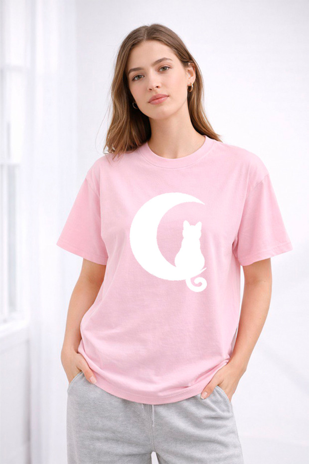 Women's Printed Detail Oversize Bol Cut T-Shirt with Cycling Neck