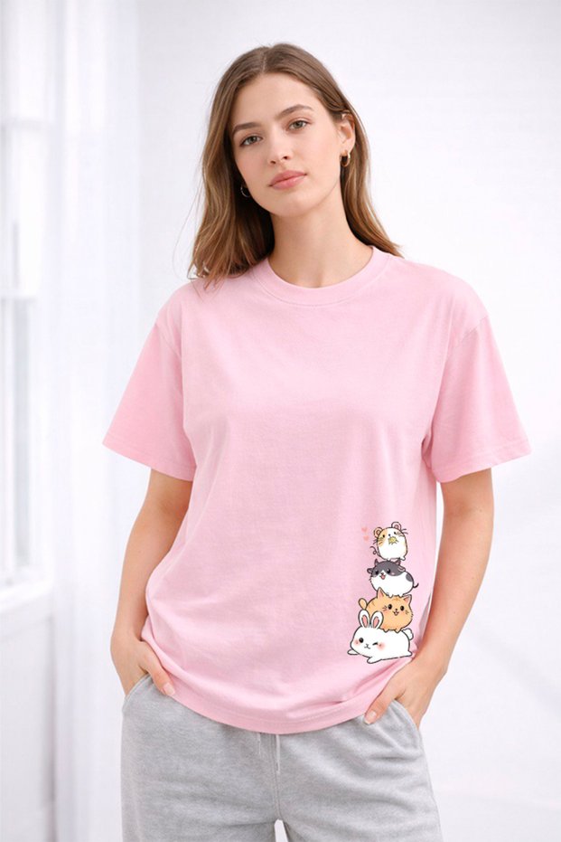 Women's Printed Detail Oversize Bol Cut T-Shirt with Cycling Neck