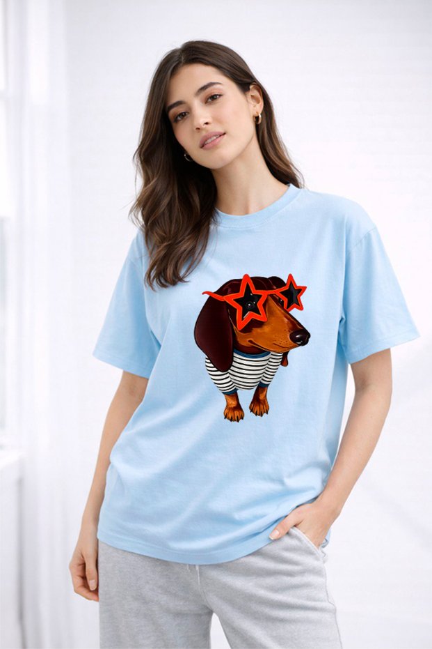 Women's Printed Detail Oversize Bol Cut T-Shirt with Cycling Neck