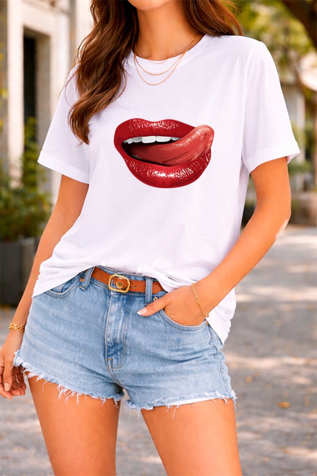Women's Printed Detail Oversize Bol Cut T-Shirt with Cycling Neck