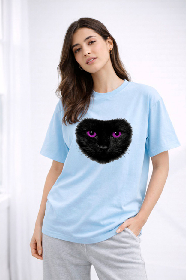 Women's Printed Detail Oversize Bol Cut T-Shirt with Cycling Neck
