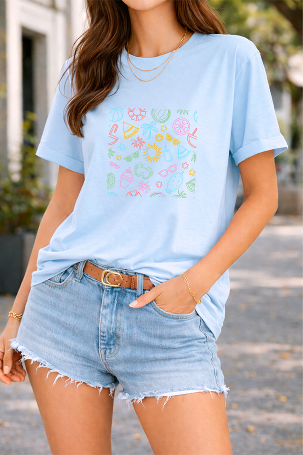 Women's Printed Detail Oversize Bol Cut T-Shirt with Cycling Neck