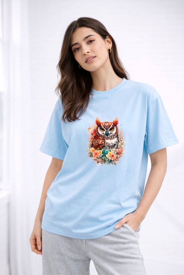 Women's Printed Detail Oversize Bol Cut T-Shirt with Cycling Neck