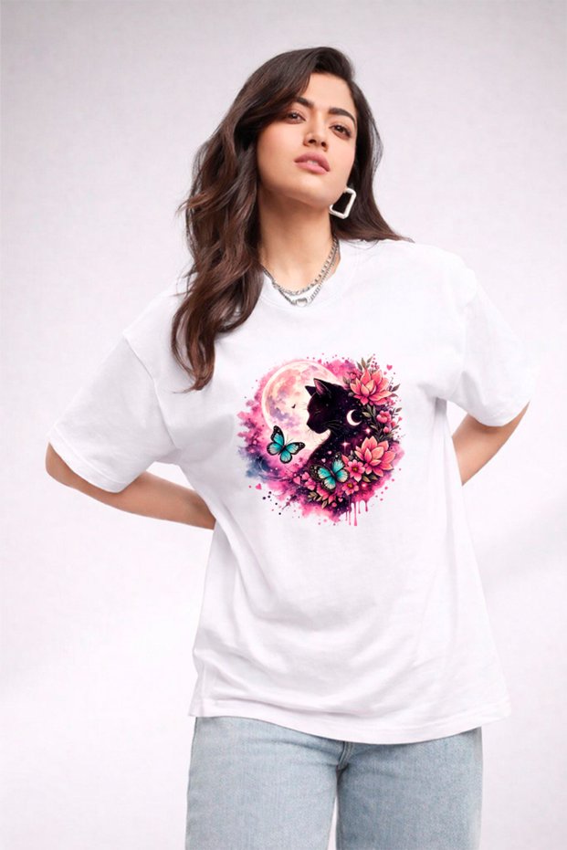 Women's Printed Detail Oversize Bol Cut T-Shirt with Cycling Neck