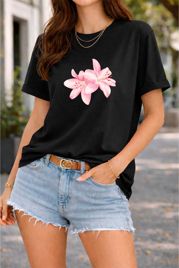 Women's Printed Detail Oversize Bol Cut T-Shirt with Cycling Neck