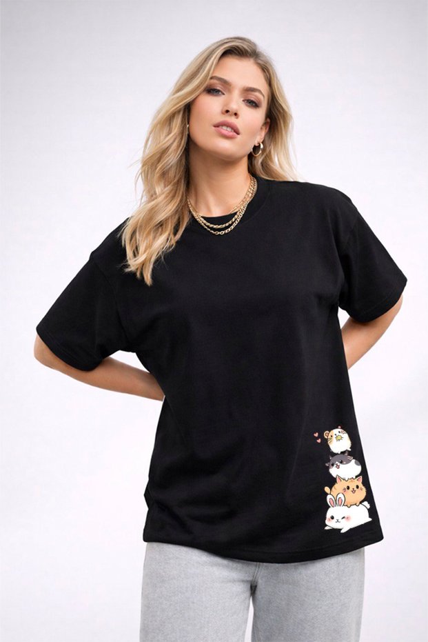 Women's Printed Detail Oversize Bol Cut T-Shirt with Cycling Neck