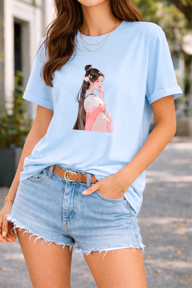 Women's Printed Detail Oversize Bol Cut T-Shirt with Cycling Neck