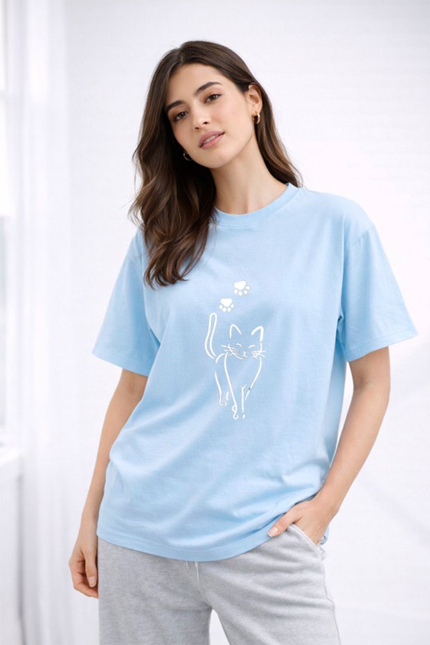 Women's Printed Detail Oversize Bol Cut T-Shirt with Cycling Neck