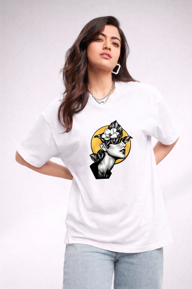 Women's Printed Detail Oversize Bol Cut T-Shirt with Cycling Neck