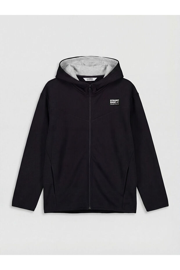 Black Hooded Printed Boy's Zippered Sweatshirt