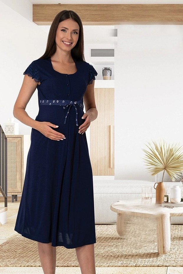 Dvina Maternity Short Sleeve Nightgown with Adjustable Waist - Navy Blue