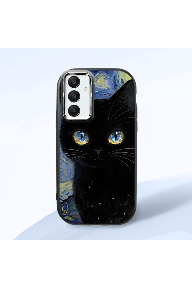 Samsung Galaxy A25 Compatible Shock-Absorbing Camera Protected Black Silicone Case Cat Patterned