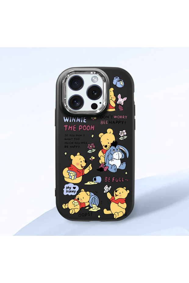 iPhone 15 Pro Compatible Shock-Absorbing Camera Protected Black Silicone Case Cartoon Patterned