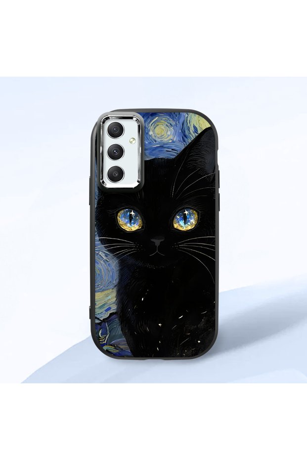 Samsung Galaxy A34 Compatible Shock-Absorbing Camera Protected Black Silicone Case Cat Patterned
