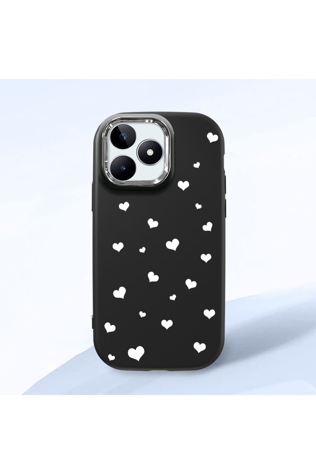 Realme Note 50 Compatible Shock-Absorbing Camera Protected Black Silicone Case Heart Pattern