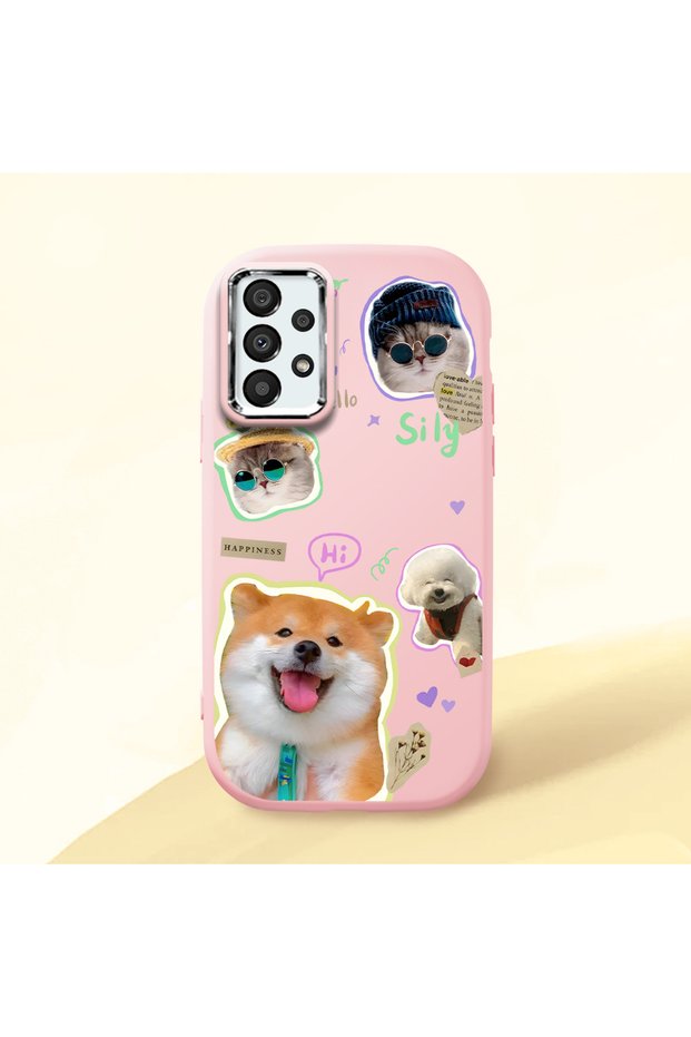 Samsung Galaxy A33 Compatible Shock-Absorbing Camera Protected Pink Silicone Case Dog Patterned