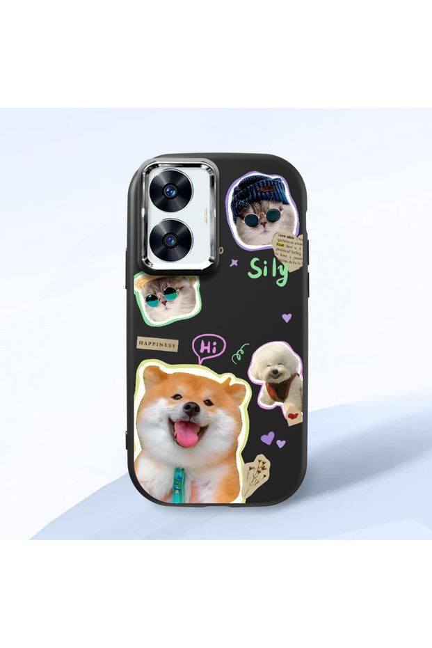 Realme C55 Compatible Shock-Absorbing Camera Protected Black Silicone Case Dog Patterned