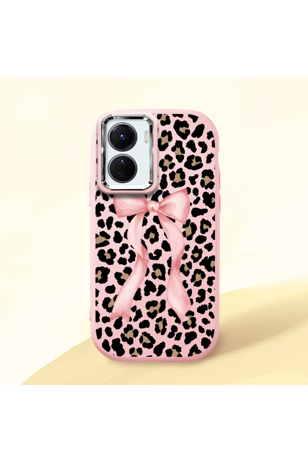 Vivo Y16/Y02S Compatible Shock-Absorbing Camera Protected Pink Silicone Case Leopard Printed I