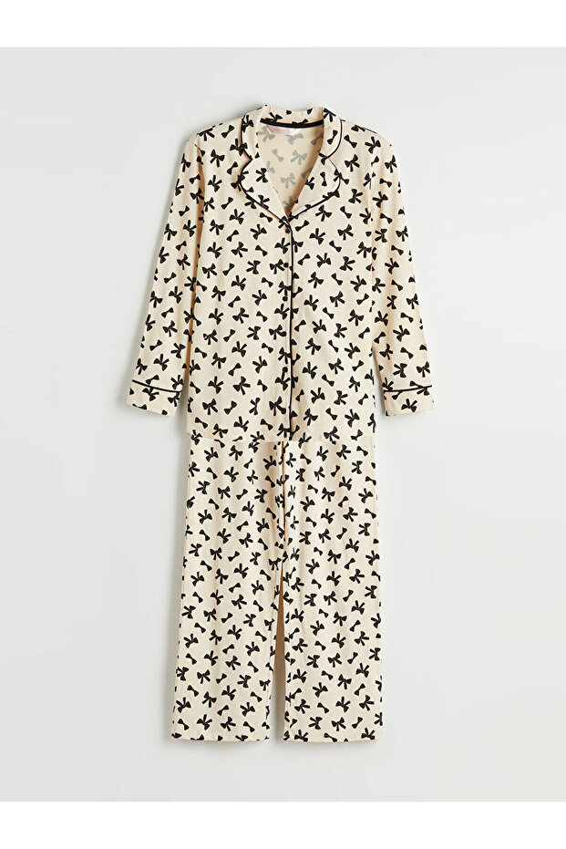 Beige Shirt Collar Bow Printed Maternity Pajama Set