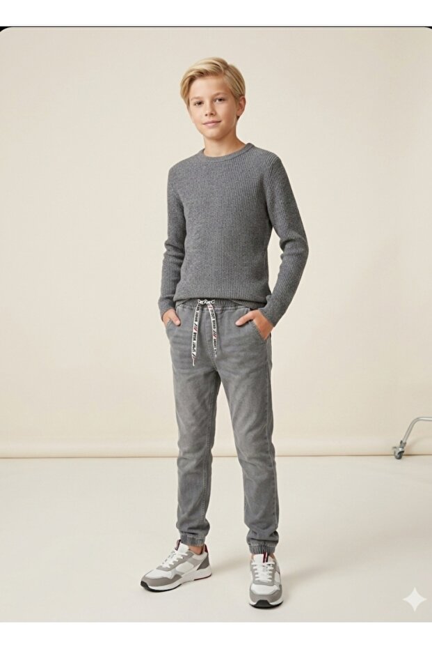 Boy's Elastic Waist, Lace-Up Side and Back, Pocketed Elastic Legs, Jogger Pants Denim Jeans