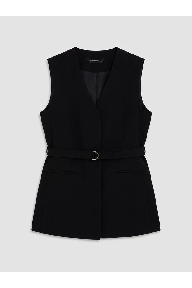 Black V-Neck Women's Classic Vest with Belt at the Waist