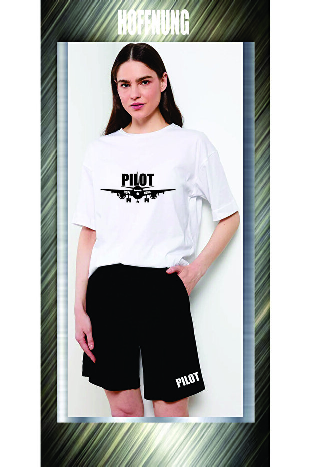 Unisex Casual Short Sleeve Set with Pilot Print Outdoor Spring/Summer Full Shorts