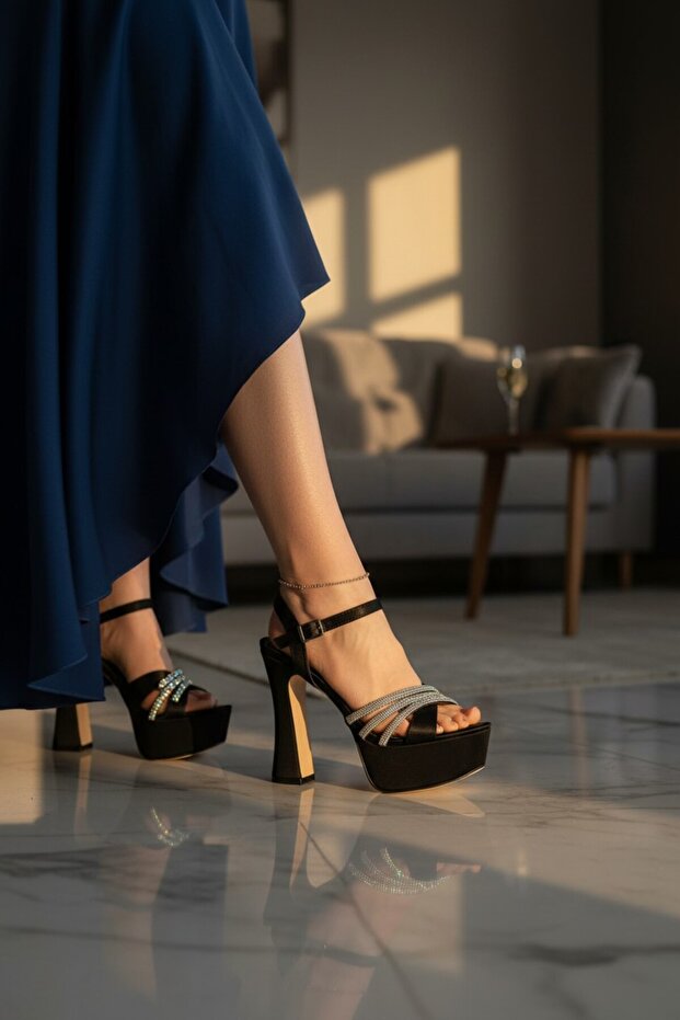 Modern Block Heel Stone Detailed High Platform Shoes