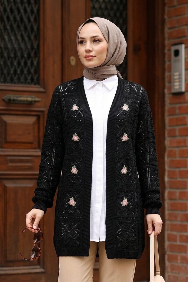 Embroidery Decorated Lace-Like Knit Knitwear Cardigan - Black