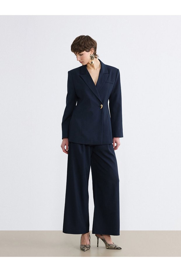New Season from Güli̇s Gi̇yi̇m Navy Blue Loose Fit Wide Leg Women's Pleated Fabric Trousers