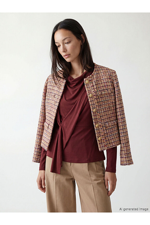 Nevavm Oval Collar Plaid Women's Tweed Jacket with a Difference