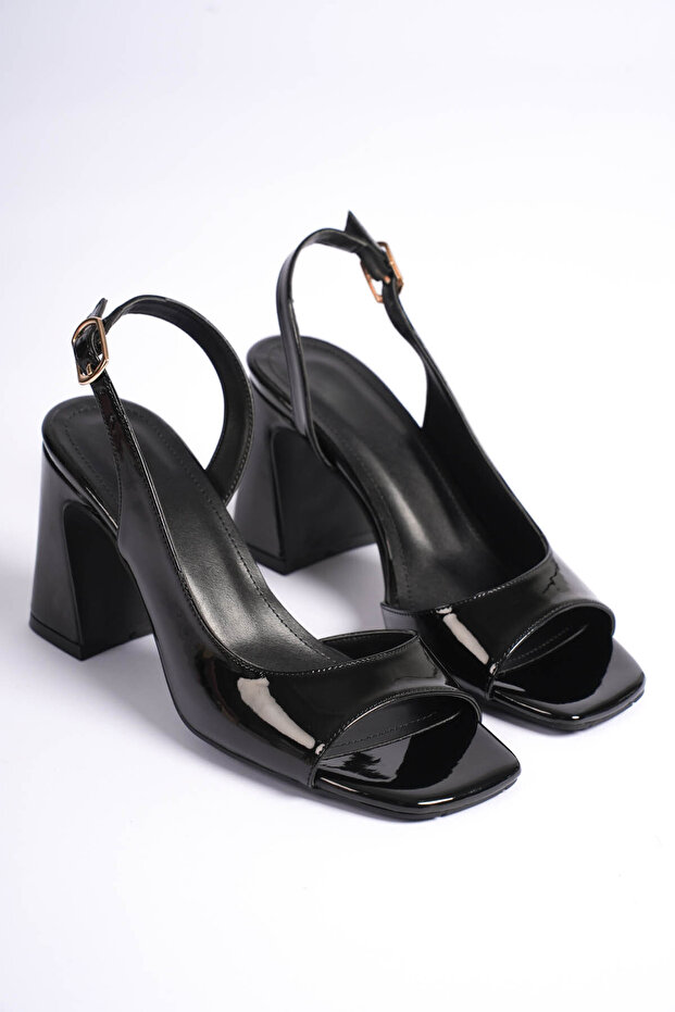 Narin Women's Black Patent Leather Side Open Shoes, Pack of Block Heel