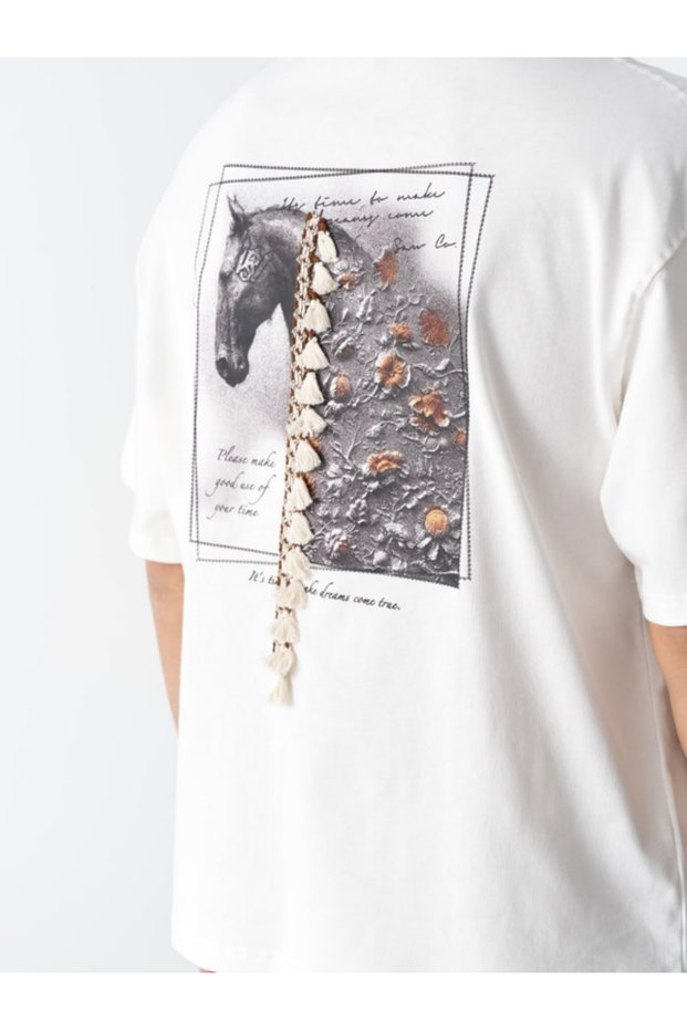 Unisex White Oversized 100% Cotton Back and Front Printed Crew Neck Street Style T-Shirt Horse