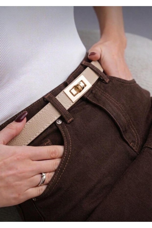 Beige/Square Lockable Gold Buckled Adjustable Women's Belt I Trousers Belt I, Jacket Belt I Belt I