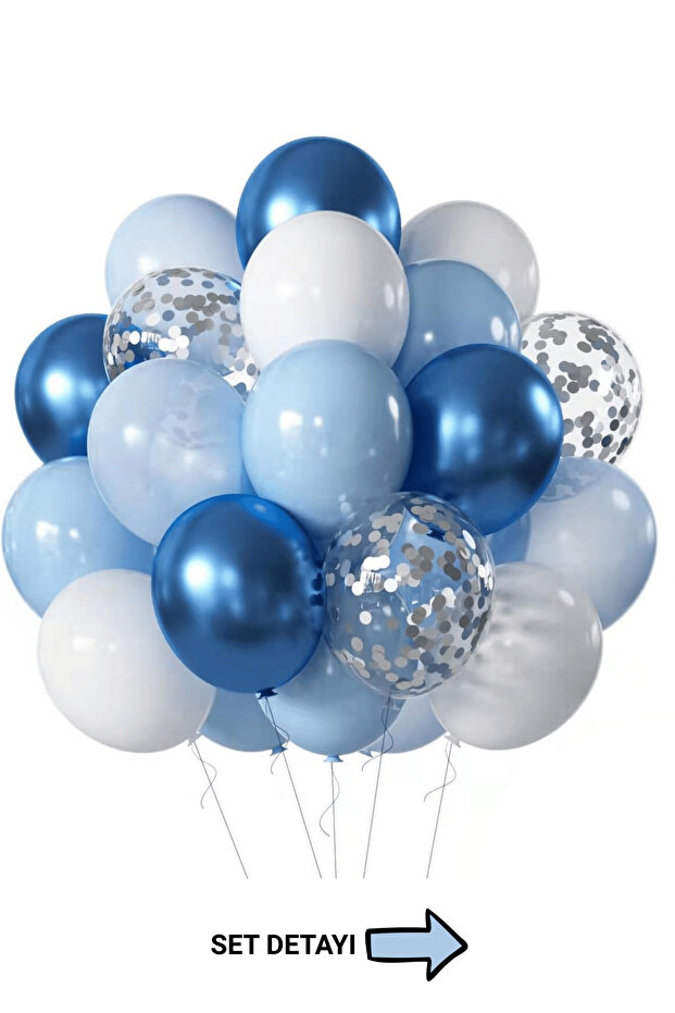 Bunloon Mavi Balon Seti 17 Adet Krom Mavi Makaron Mavi Beyaz ve Konfetili Şeffaf Balon Parti Süsleme