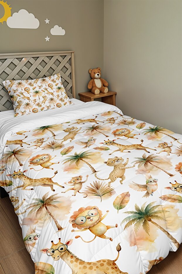 Safari Friends on the Palm Tree Patterned Single Duvet and Pillowcase