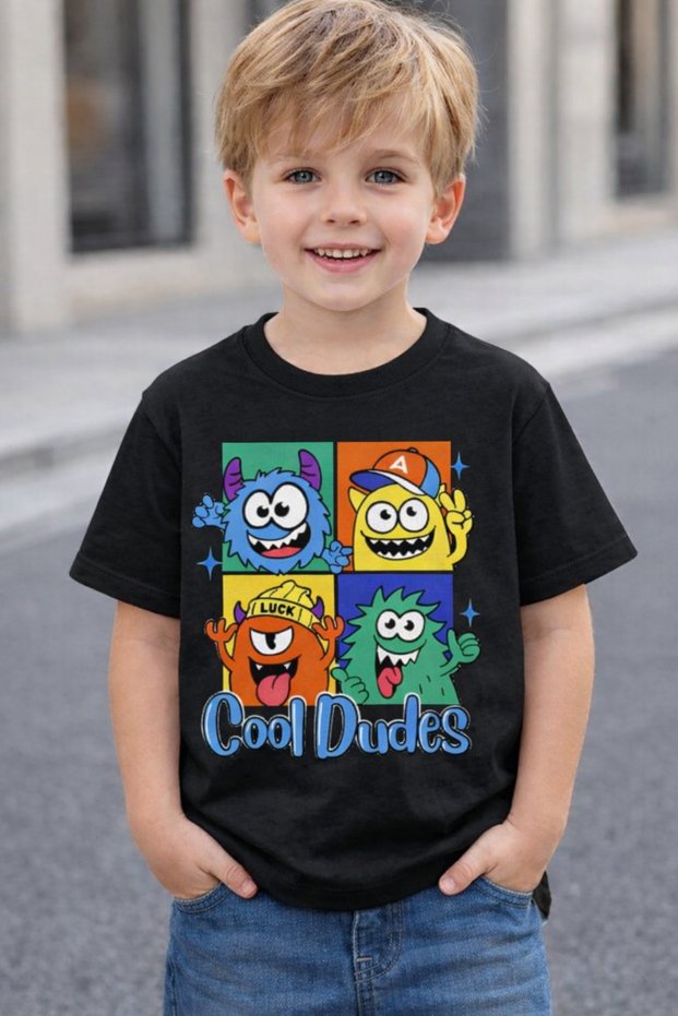 Cool Dudes Monster Printed Kids' T-Shirt - Unisex Cotton Pack Crew Neck Casual Printed Kids' T-Shirt