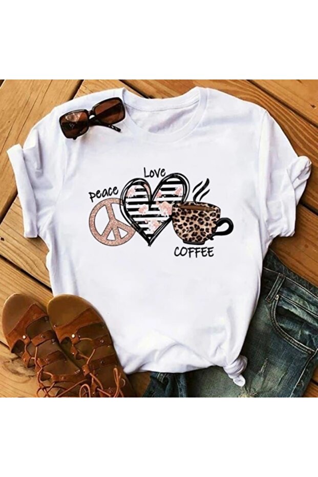 Coffee Love Printed White Oversized Unisex T-Shirt Basic Comfortable Fit Casual Tshirt
