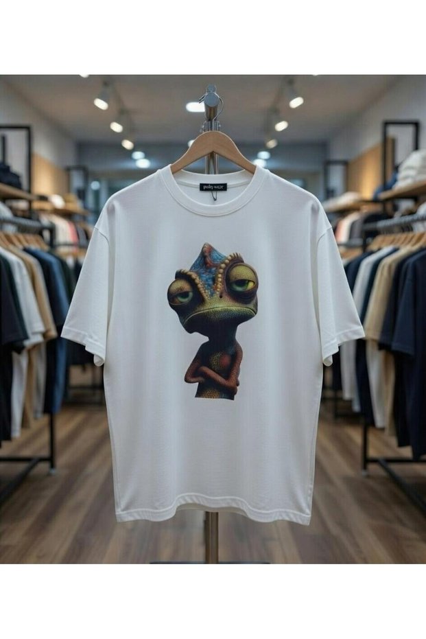 Attractive Kurbağ Printed 100% Cotton Oversized Loose Fit Regular Fit Crew Neck T-Shirt