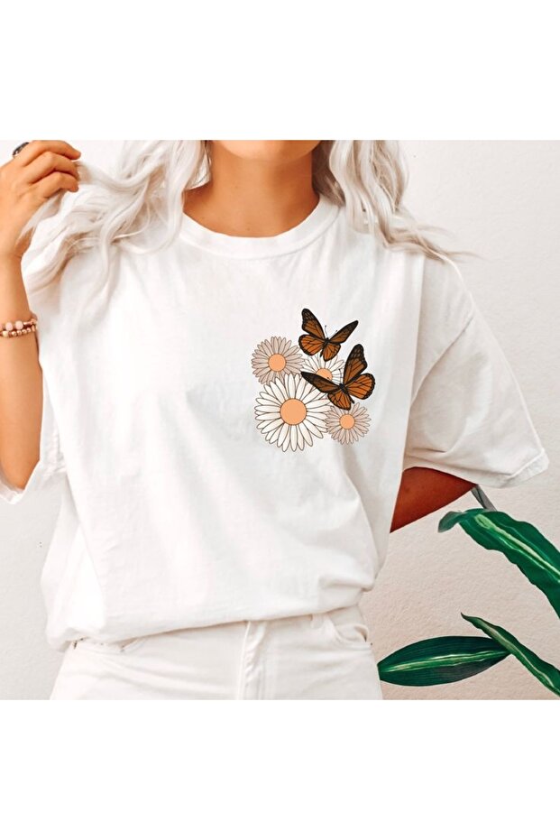 Papatyalı Printed White Oversized Unisex T-Shirt Basic Comfortable Fit Daily Tshirt
