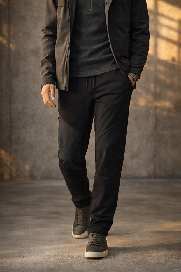 Men's Black Jogger Sweatpants with Zipper Side Pockets, Cotton, Standard Fit