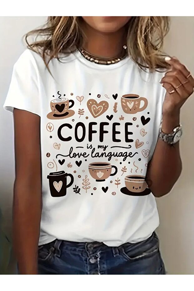 Kahvee Printed White Oversized Unisex T-Shirt Basic Comfortable Fit Daily Tshirt