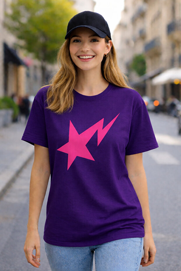 Star Lightning Graphic Printed Unisex Oversized T-Shirt Cotton Pack Crew Neck Casual Streetwear T-Shirt